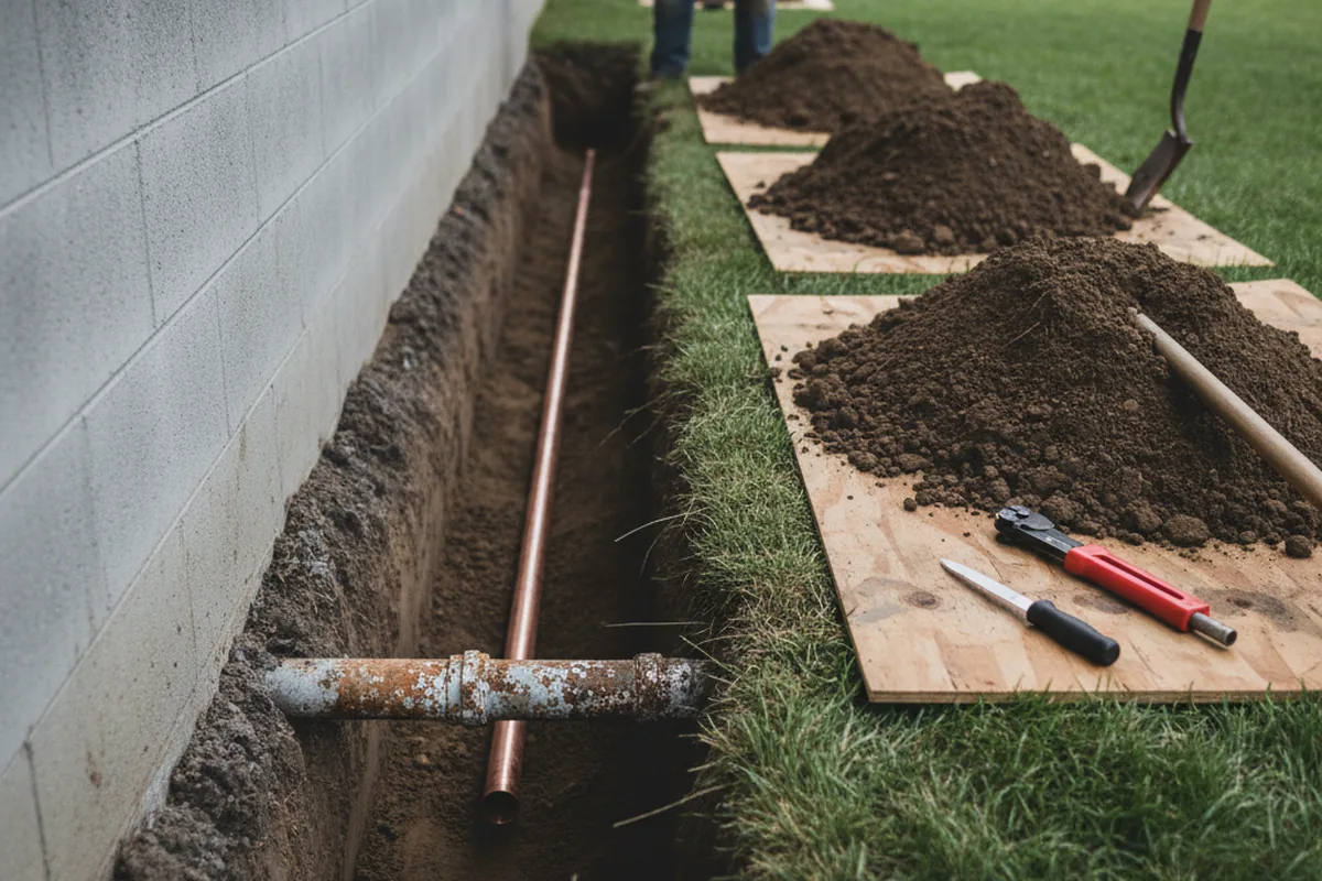 Excavated water line trench during Sewer Line Repair in Emporia